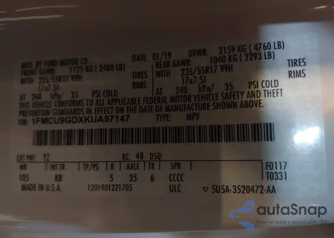 2019 Ford Escape Se из США, поврежденный, VIN 1FMCU9GDXKUA97147